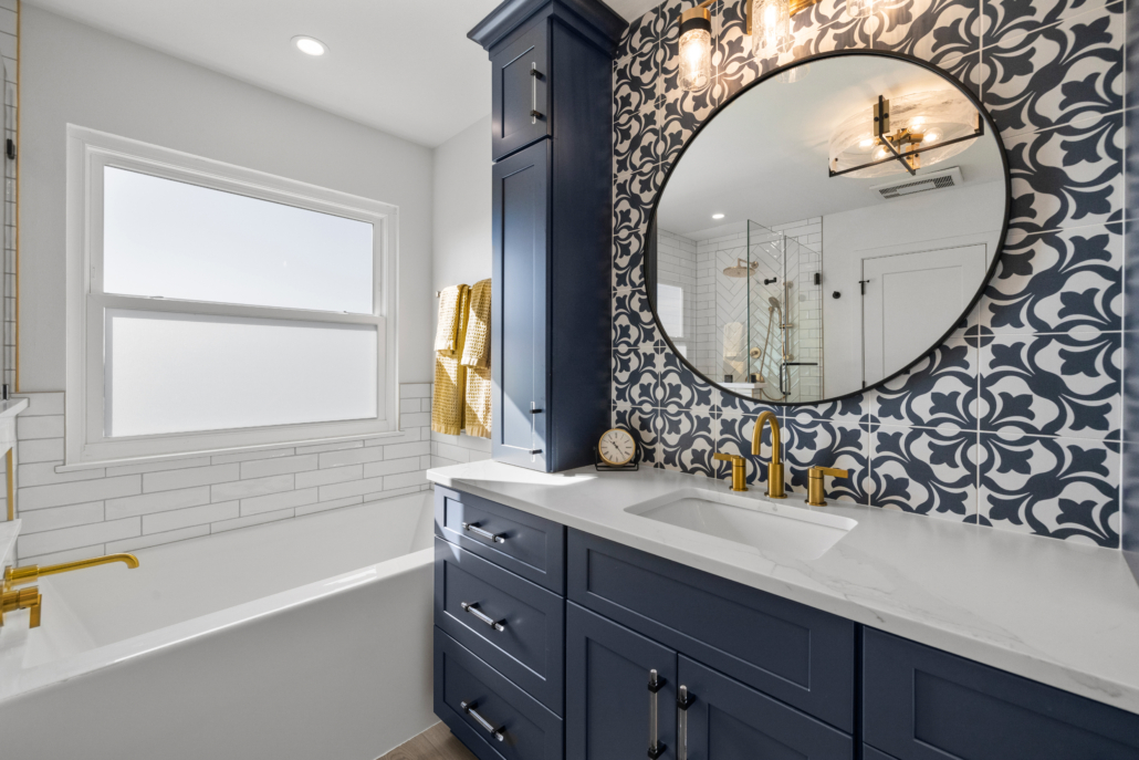 Redesign your master bathroom with stylish tilework and subtle storage solutions